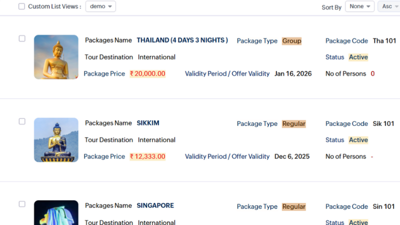 Travel CRM dashboard showing package management, booking details, pricing and itinerary tracking for travel agencies