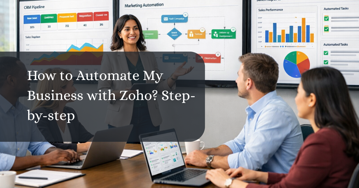 Business team collaborating on Zoho automation dashboards in a modern office, reviewing CRM and workflows