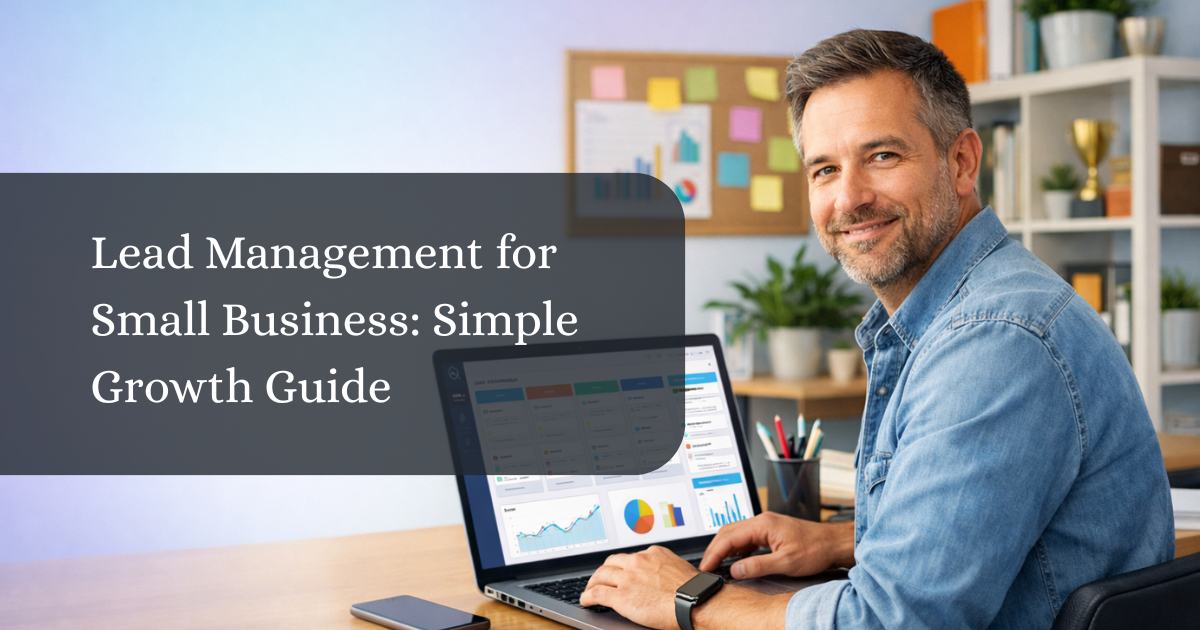 Small business owner managing leads on laptop in modern office workspace