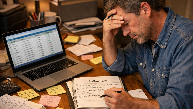 Overwhelmed small business owner managing customers using Excel and notes