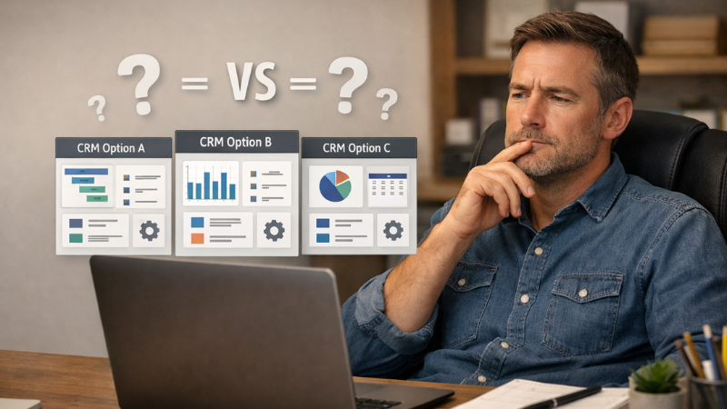 Small business owner confused choosing CRM options on laptop