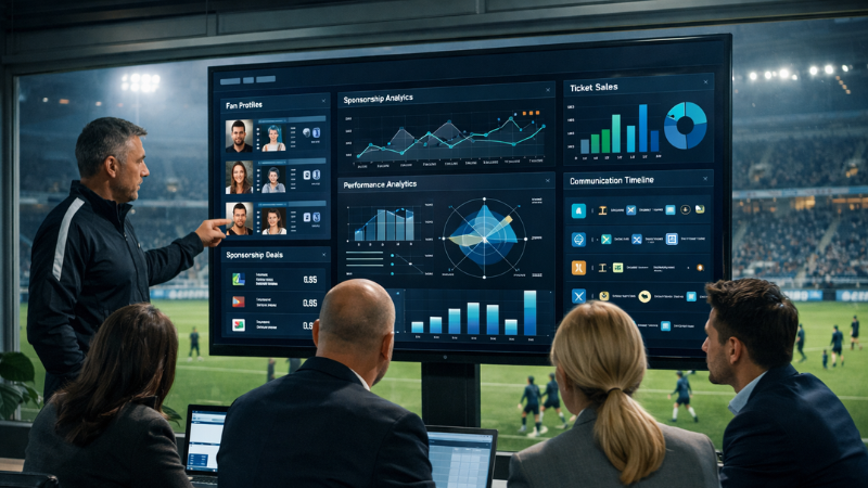 Sports team staff analyzing CRM dashboard with fan and ticket data