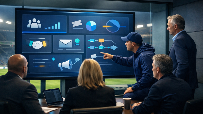 Sports team reviewing CRM features for fan engagement workflows
