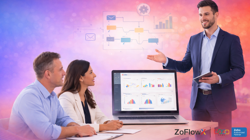 Consultant guiding business team on CRM implementation, workflow automation and training support showing benefits of a Zoho Authorized Partner
