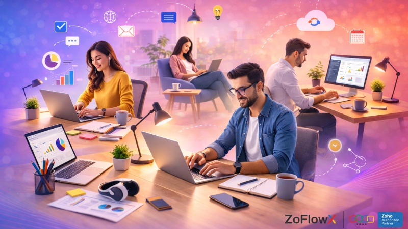  Freelancers working independently on laptops providing project-based Zoho CRM customization services