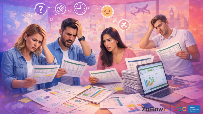 Travel agency team stressed using spreadsheets and papers without CRM, missing follow-ups and lead tracking.