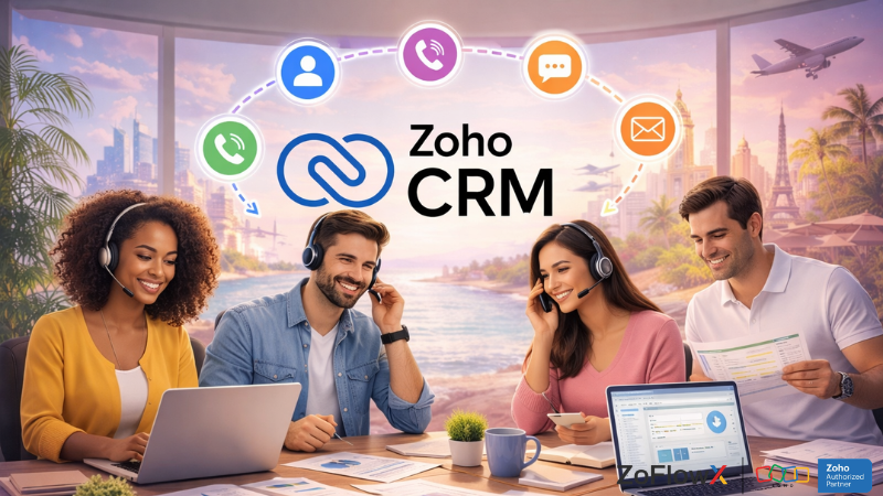 Travel agents handling enquiries in Zoho CRM with call tracking, lead assignment and follow up reminders.