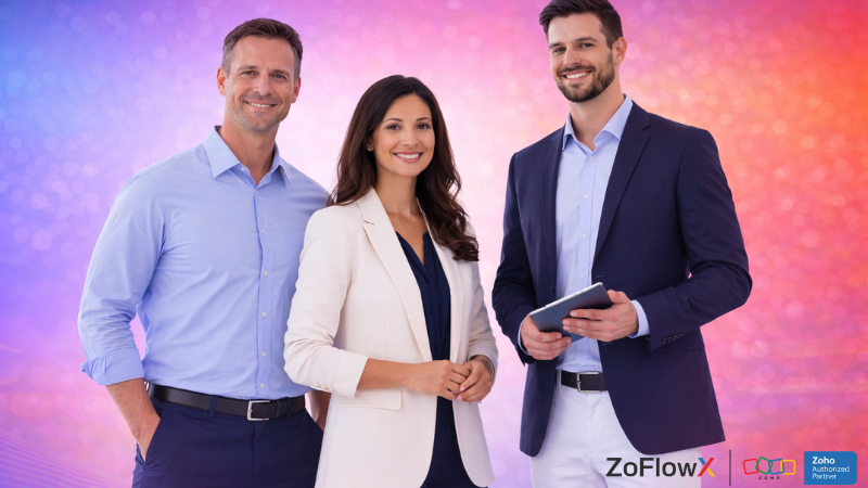 Three certified Zoho Authorized Partners standing confidently against gradient background