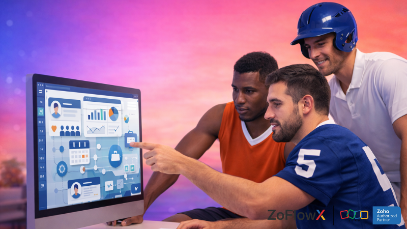 Sports team members using CRM dashboard to manage fans, operations, and team data