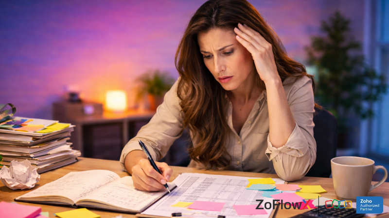 Small business owner managing leads manually with Excel, notebooks, and sticky notes before CRM