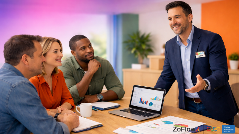 Zoho consulting partner explaining CRM implementation strategy to a business team, aligning business processes, automation workflows, and CRM stages with operational needs