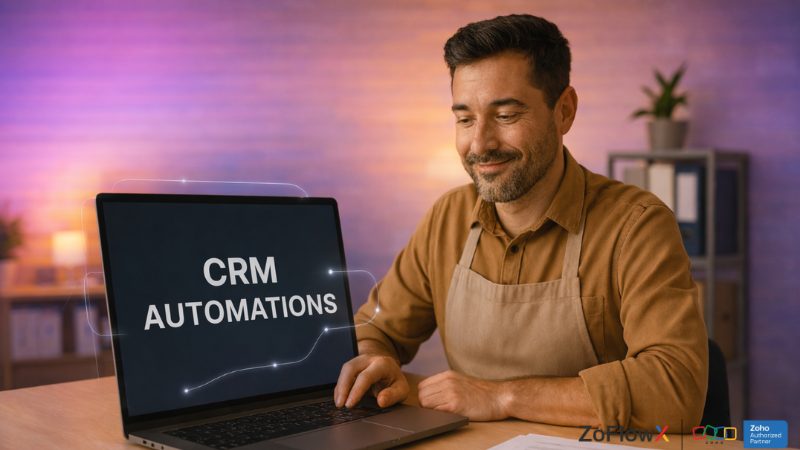 Small business owner using CRM automation on a laptop to improve productivity and save time with automated workflows