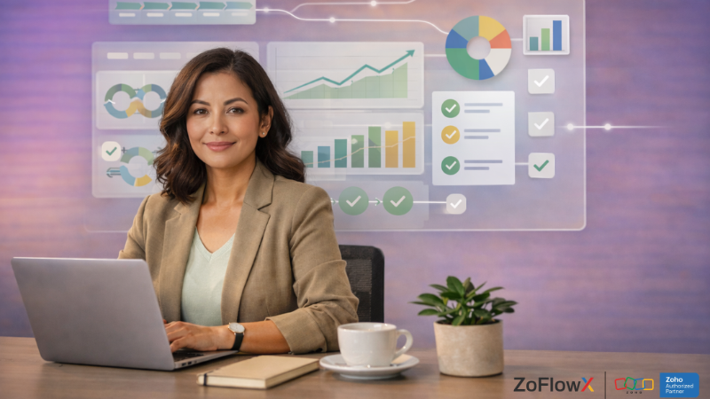 Business professional using Zoho CRM dashboard showcasing automation, analytics, and growth for SMBs