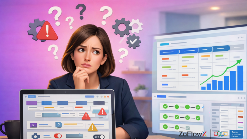 Business owner confused by improper Zoho CRM implementation while viewing an unorganized CRM dashboard with errors and unclear data