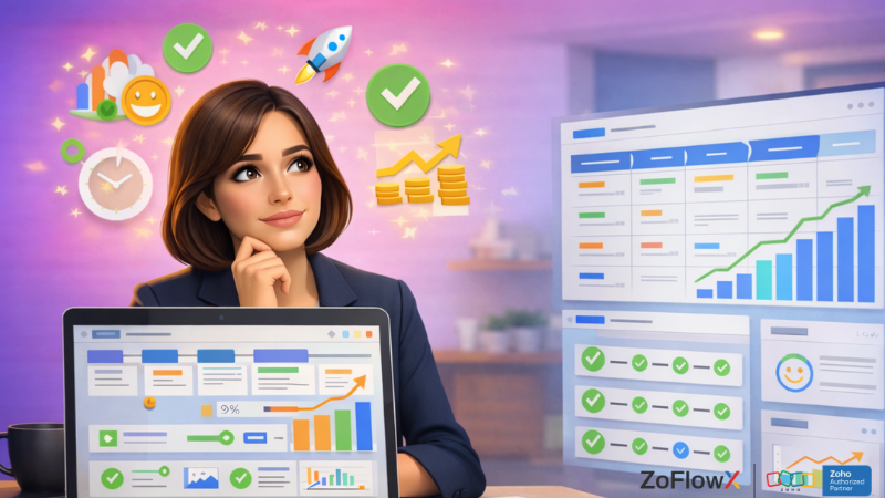 Business owner successfully using Zoho CRM implementation with organized dashboard, automation, and clear reports for better decision making