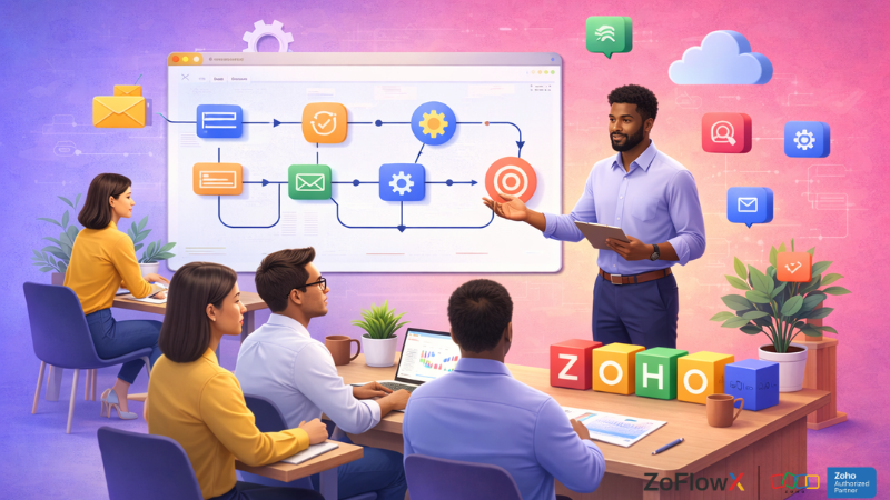 Zoho implementation process explained by a consultant presenting a step-by-step workflow to a team in a modern office with visual process flow diagram and digital icons