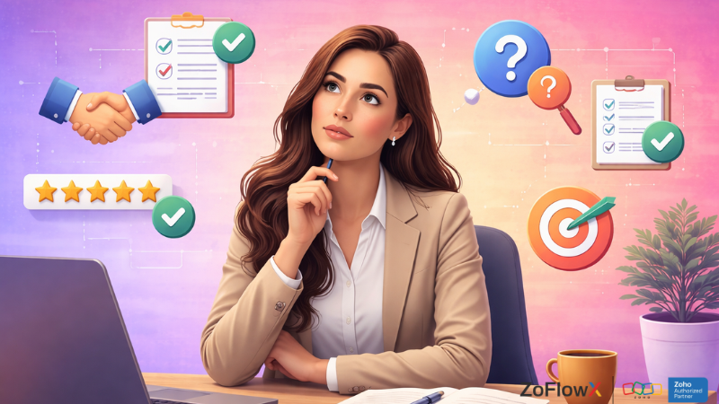 Business woman thinking seriously while evaluating options on how to choose the right Zoho consulting partner in a modern office setting
