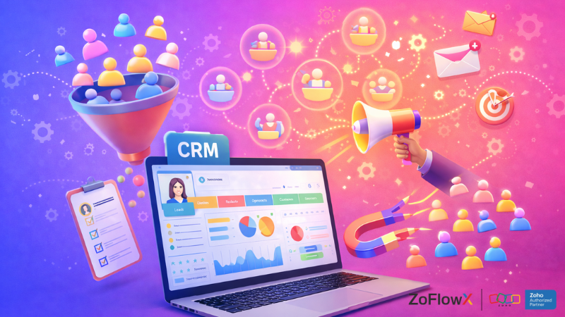 CRM dashboard managing leads, showing funnel, automation, and conversion tracking
