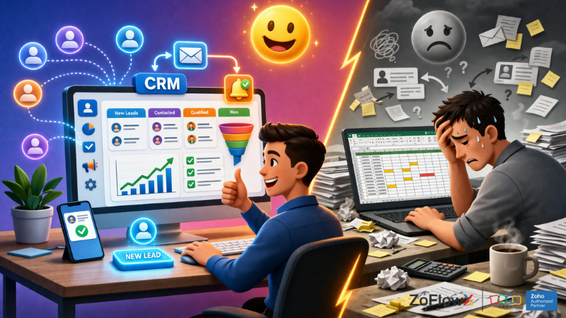 CRM lead generation vs traditional lead management methods showing organized CRM system with happy user and messy Excel-based tracking with frustrated user.