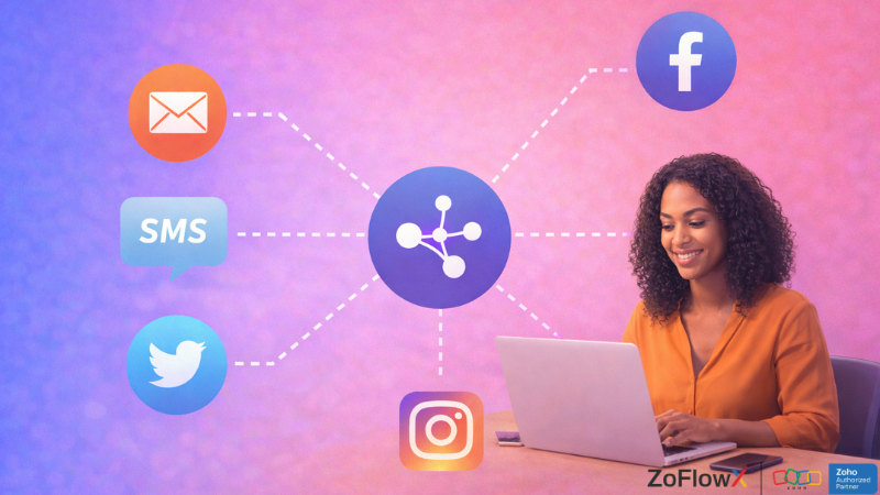 Omnichannel marketing automation diagram showing email SMS and social media connected for small business campaigns