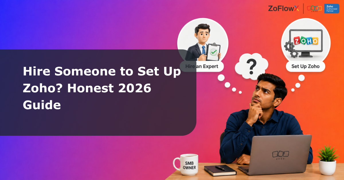 SMB owner thinking about hiring a Zoho expert for setup with laptop, workspace, and modern gradient background.