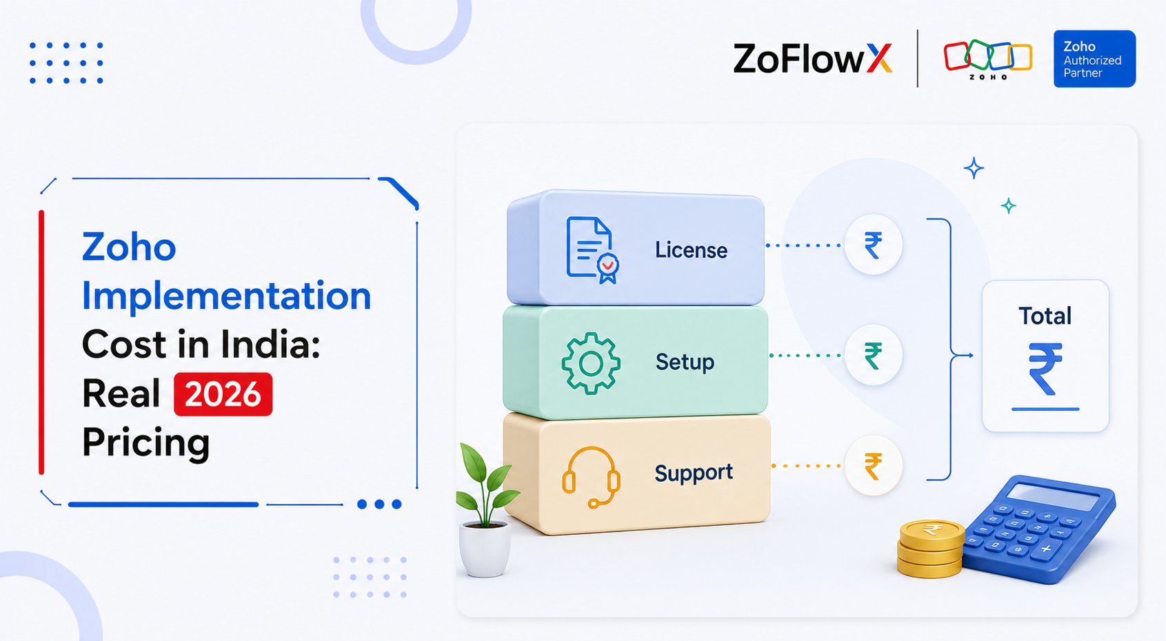 Zoho implementation cost in India shown as three stacked cost layers: license, setup, and support.