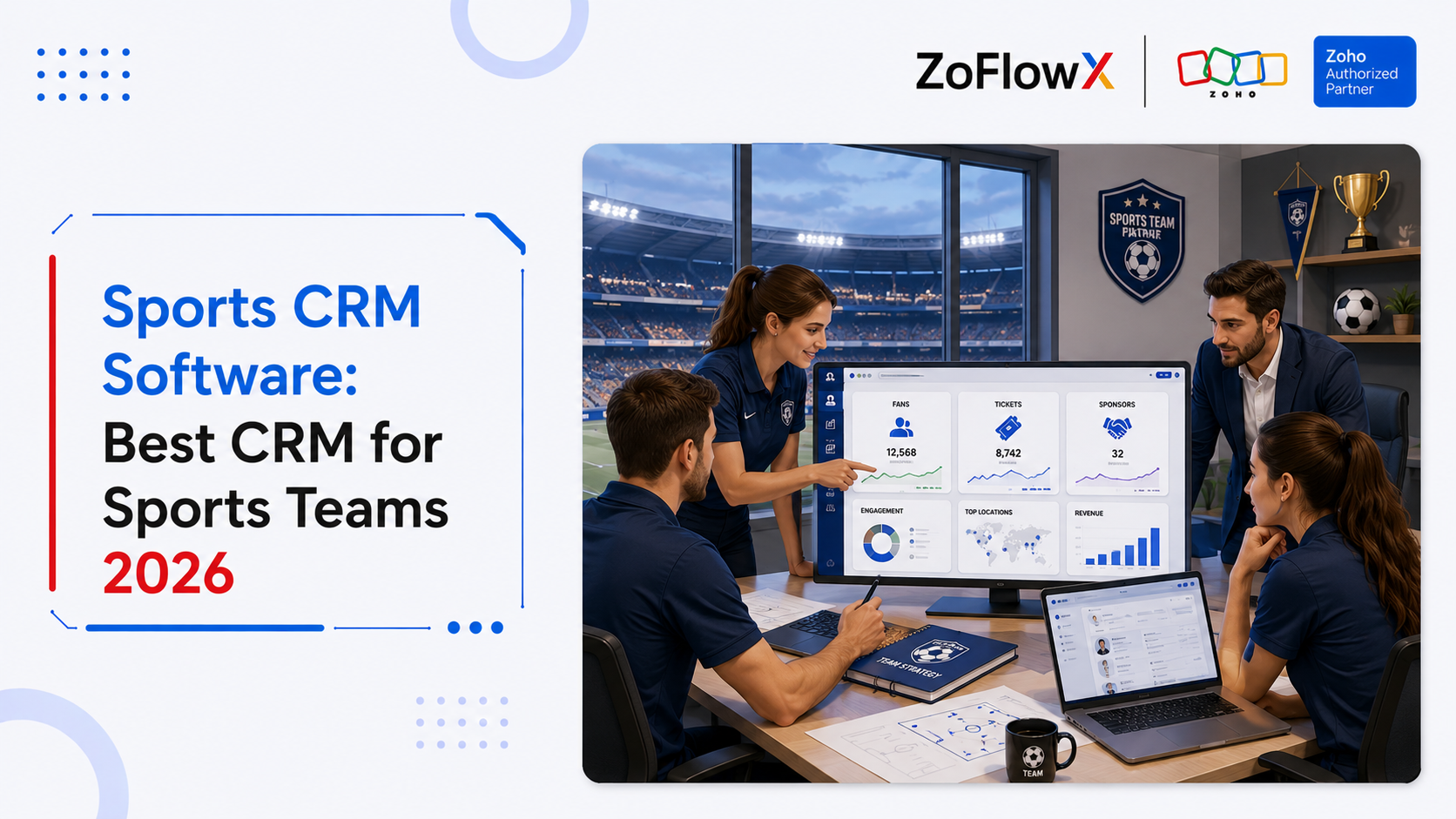 Sports team staff using sports CRM software to manage fans, players, and operations.
