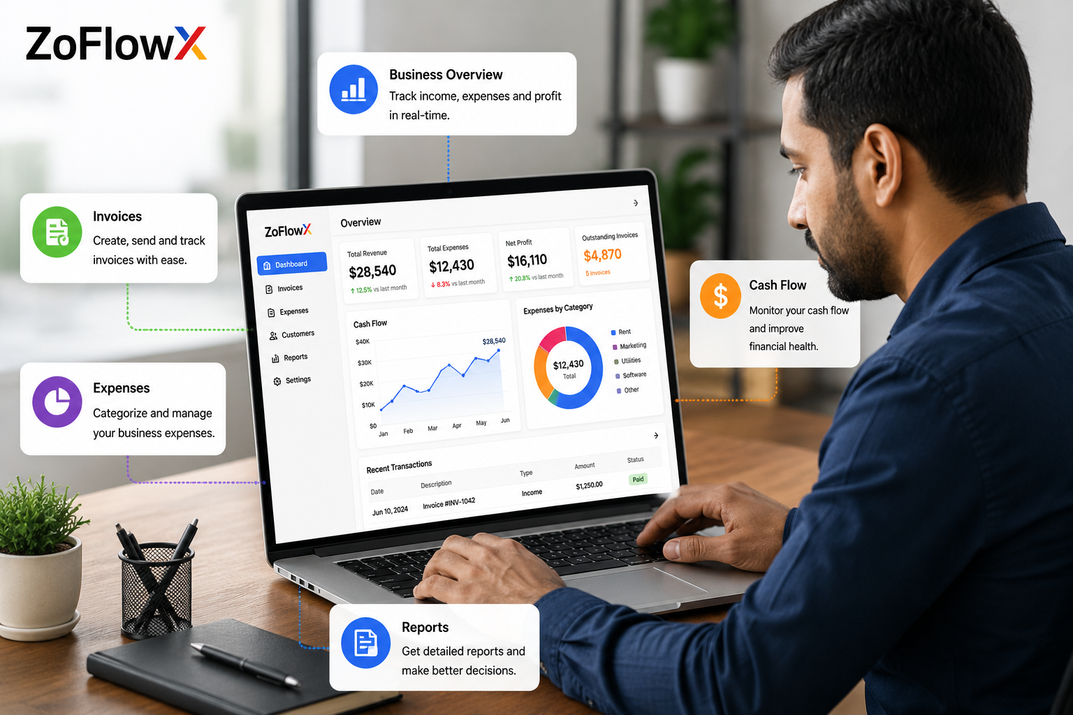 Small business owner managing accounts in Zoho Books on a laptop.