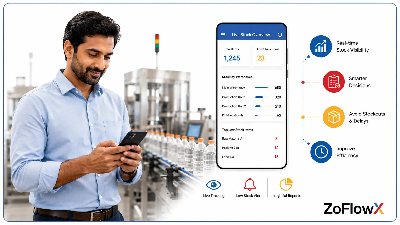 Factory supervisor checking live stock levels on a phone after replacing spreadsheets with a proper inventory system