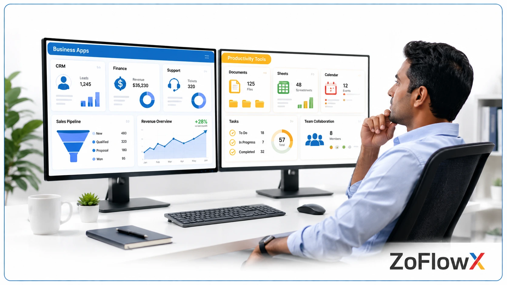 Small business owner comparing two software dashboards side by side