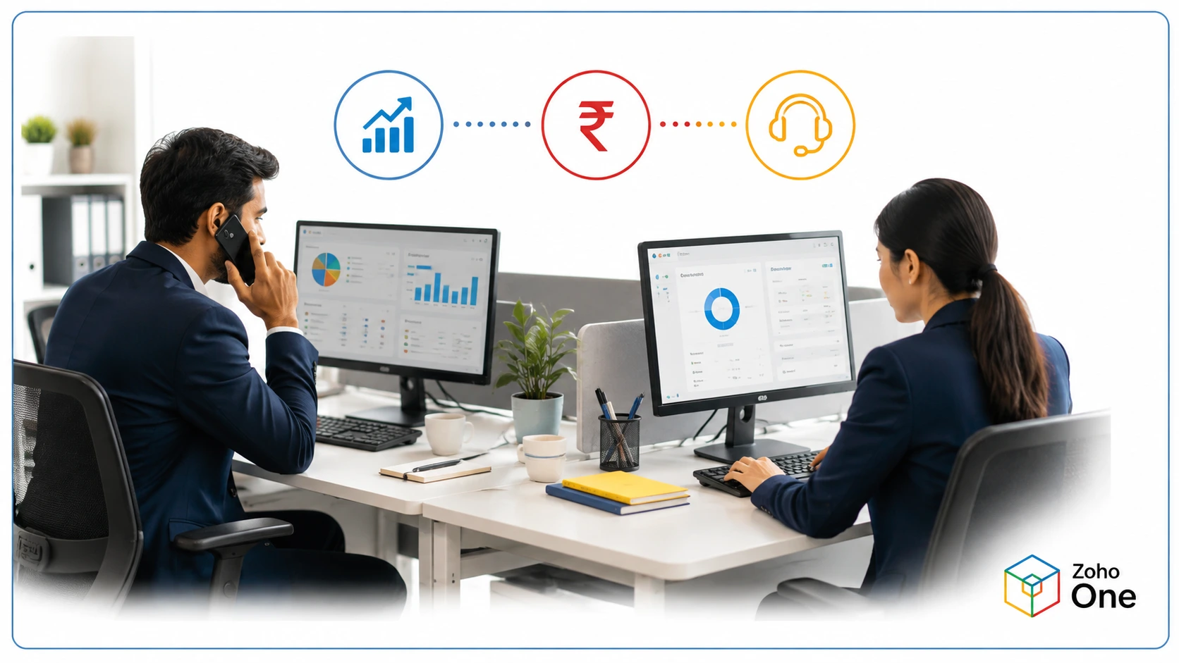 Sales, finance, and support teams working from connected data inside Zoho One