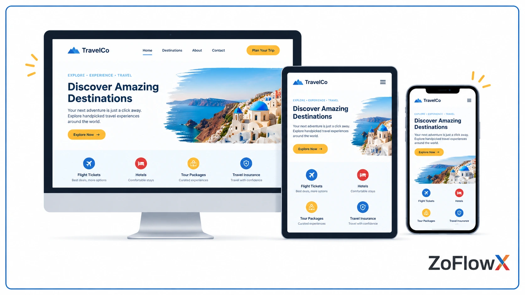 Website template displayed across desktop, tablet, and smartphone screens