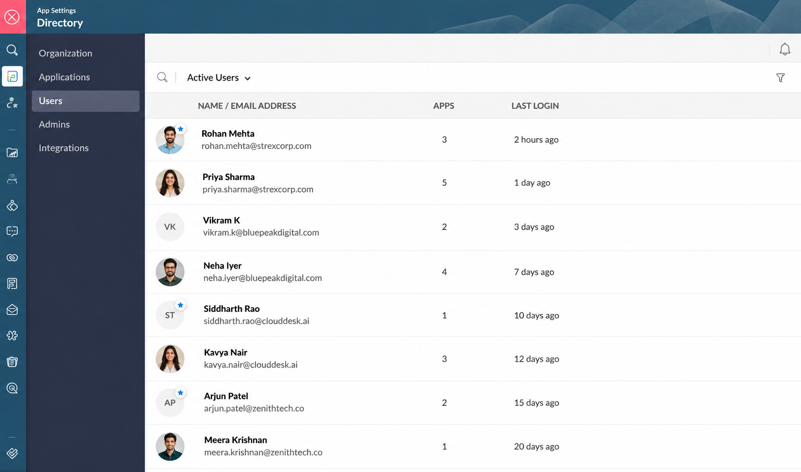 Zoho One Directory interface showing user accounts, assigned applications, and last-login information.