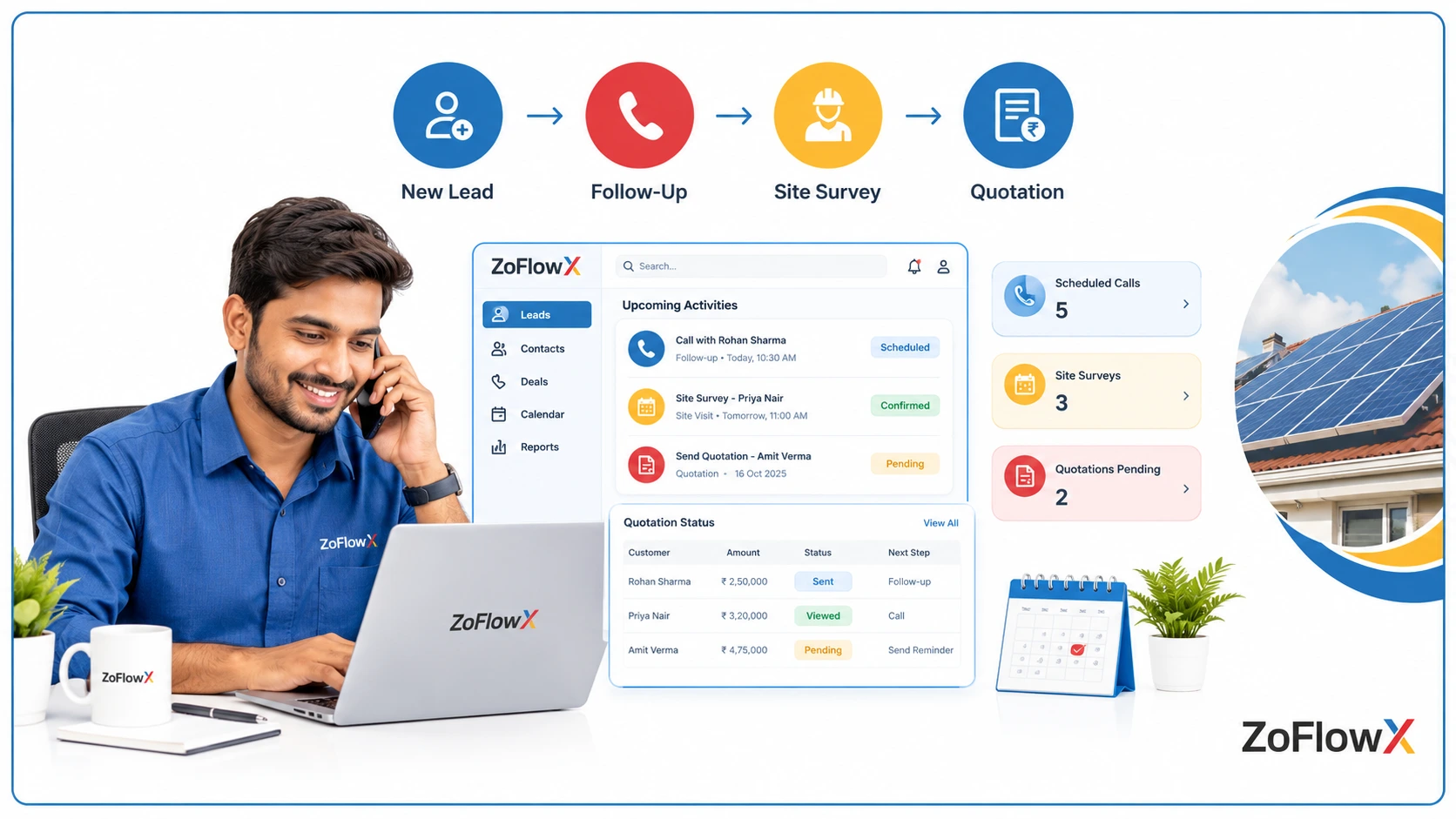 Solar sales representative managing follow-up reminders, site survey appointments and customer quotations through CRM automation.